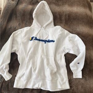 Champion White Hoodie with Blue and Yellow Logo